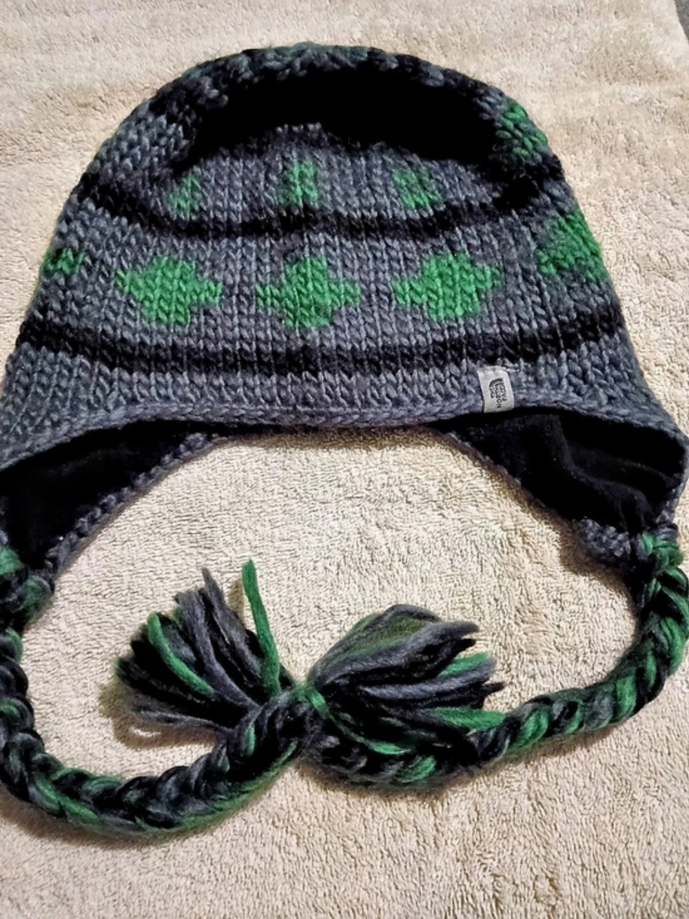 The North Face Unisex Knit Earflap Hat in Gray & Green